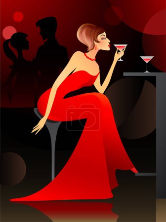 Téléchargez les illustrations : Illustration vectorielle d'une femme en robe avec un verre de martini - en licence libre de droit