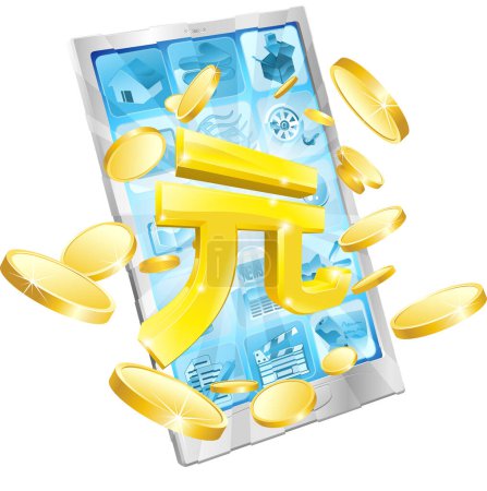 Illustration for 3 d illustration of digital tablet with chinese yuan sign and coins around - Royalty Free Image