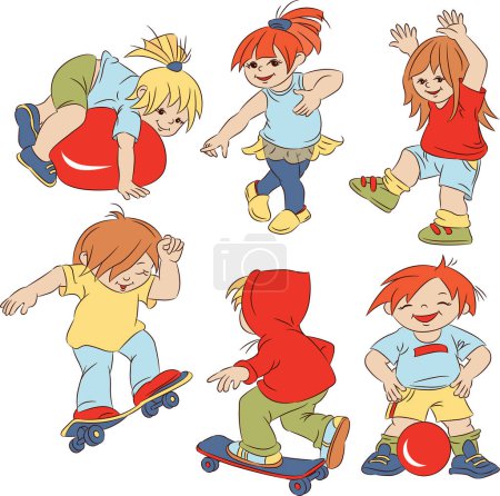 Téléchargez les illustrations : Enfants sur planche à roulettes illustration - en licence libre de droit