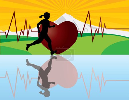 Ilustración de Jogger corriendo con paisaje de montaña e ilustración de fondo del latido del corazón - Imagen libre de derechos