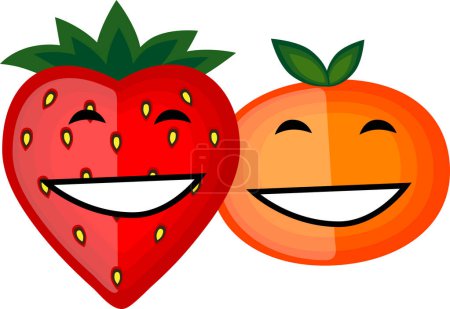 Téléchargez les illustrations : Deux caractères souriants de fraise et de fruits orange - en licence libre de droit