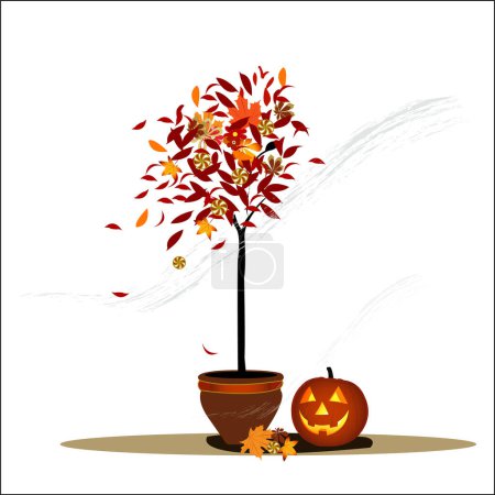 Téléchargez les illustrations : Citrouille sur un arbre aux feuilles d'automne et lanterne. - en licence libre de droit