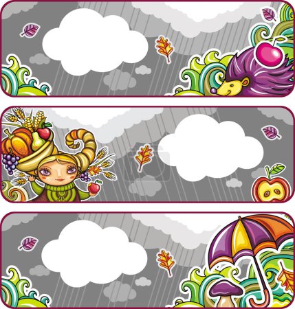 Illustration for Set of three cute cartoon banners with flowers, animals and clouds - Royalty Free Image