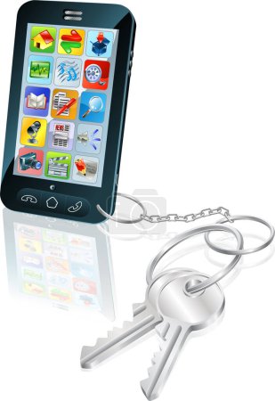 Ilustración de 3 d renderizado de un teléfono inteligente y llaves - Imagen libre de derechos