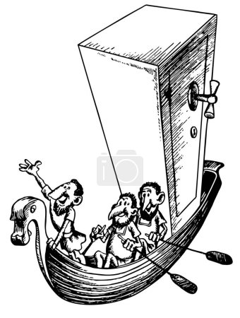 Foto de Dibujos animados de tres hombres que van con un barco y llevan caja fuerte - Imagen libre de derechos