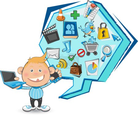 Foto de Personaje de dibujos animados de un niño con ordenador portátil, y el grupo de diferentes iconos conjunto - Imagen libre de derechos