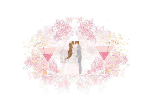 Illustration for Vector illustration of two bride and groom on wedding background - Royalty Free Image