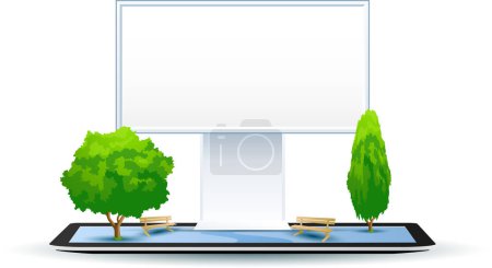 Illustration for Tablet pc in a garden with trees. - Royalty Free Image