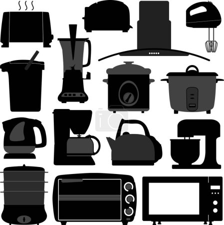 Téléchargez les illustrations : Équipement de cuisine icônes noires sur fond blanc - en licence libre de droit