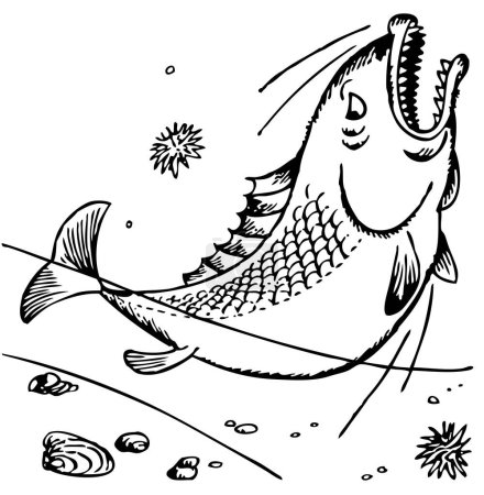 Téléchargez les illustrations : Illustration de dessin animé noir et blanc de poissons - en licence libre de droit