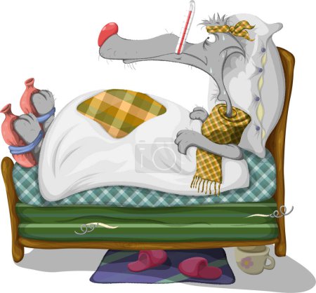 Ilustración de Ilustración infantil. El paciente es un lobo en la cama con botellas de agua caliente y un termómetro
. - Imagen libre de derechos