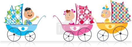 Illustration for Baby riding in stroller with colorful cartoon illustration - Royalty Free Image