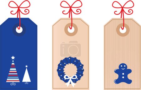 Ilustración de Conjunto de etiquetas de Navidad con decoración de Navidad, árbol de Navidad, estrella, campana, campanas. ilustración vectorial aislada sobre fondo blanco - Imagen libre de derechos