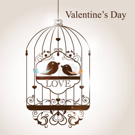 Téléchargez les illustrations : Oiseaux en cage valentines carte de jour - en licence libre de droit