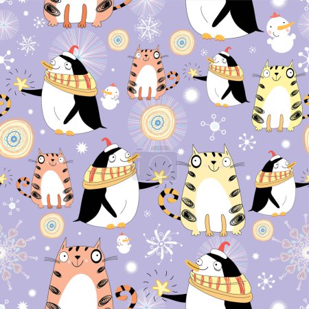 Téléchargez les illustrations : Motif sans couture de chat dessin animé mignon avec arbre de Noël, flocons de neige, flocons de neige. vecteur - en licence libre de droit