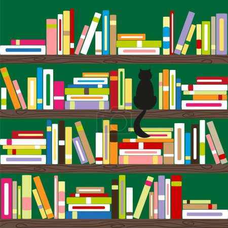 Téléchargez les illustrations : Chat abstrait avec des livres colorés sur l'étagère - en licence libre de droit
