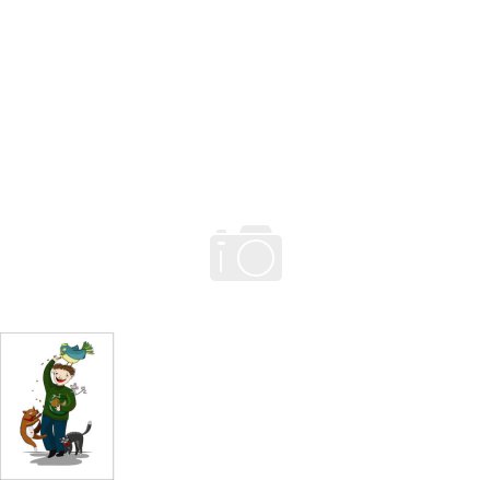 Ilustración de Illust con el hombre feliz joven, dos gatos y pájaro - Imagen libre de derechos
