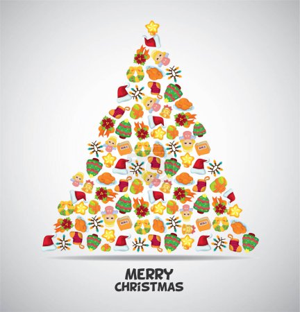 Téléchargez les illustrations : Joyeux Noël carte de voeux avec arbre de Noël en éléments de Noël colorés - en licence libre de droit
