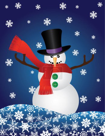 Illustration for Christmas Snowman with Top Hat and Scarf Blue Background Illustration - Royalty Free Image