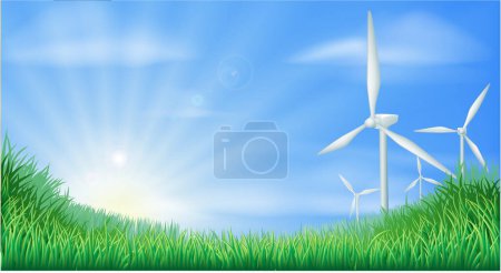 Téléchargez les illustrations : Éoliennes et champ vert sur fond de ciel bleu - en licence libre de droit