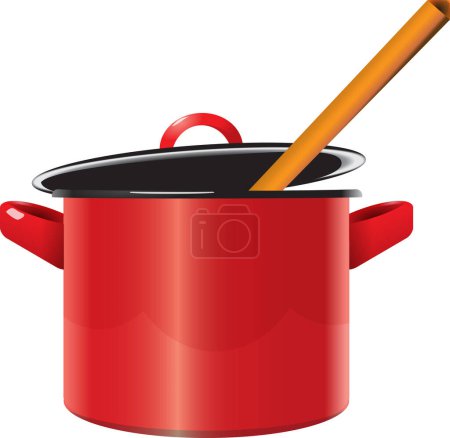 Ilustración de Cazuela esmaltada roja con tapa y cuchara de madera. Ilustración vectorial
. - Imagen libre de derechos