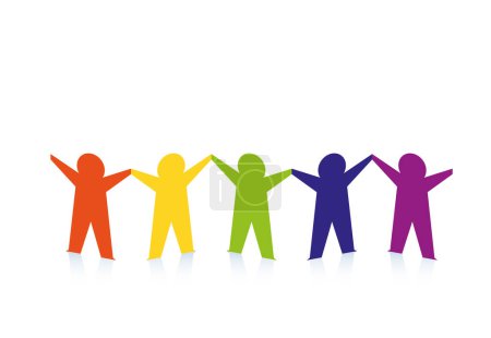Ilustración de Niños felices con manos coloridas sobre fondo blanco - Imagen libre de derechos