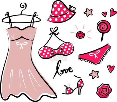 Illustration for Cute fashion dress and other clothes on white. - Royalty Free Image