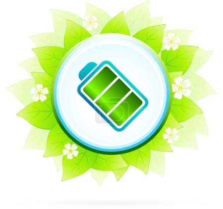 Téléchargez les illustrations : Icône de batterie avec feuilles vertes. illustration de concept énergétique - en licence libre de droit