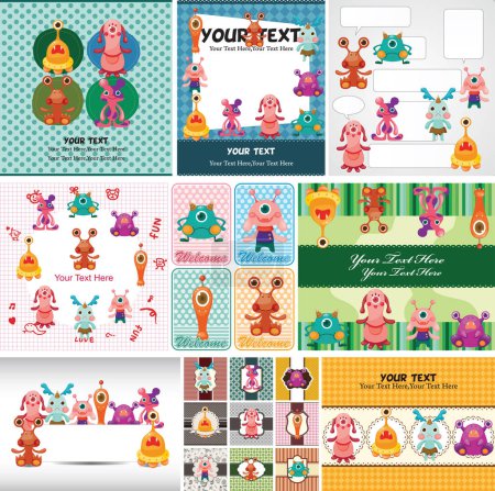 Ilustración de Conjunto de tarjetas vectoriales con animales de dibujos animados lindo - Imagen libre de derechos