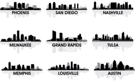 Illustration for Vector set of city skylines, silhouettes - Royalty Free Image