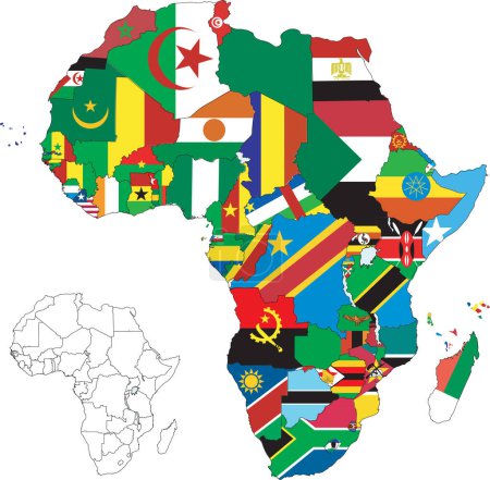 Téléchargez les illustrations : Carte d'Afrique avec des drapeaux de différents pays sur fond blanc - en licence libre de droit