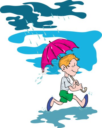 Téléchargez les illustrations : Garçon sous la pluie, illustration vectorielle - en licence libre de droit