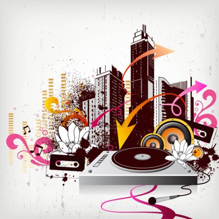 Ilustración de Fiesta de música con disco de vinilo con espacio en la ciudad en el fondo - Imagen libre de derechos