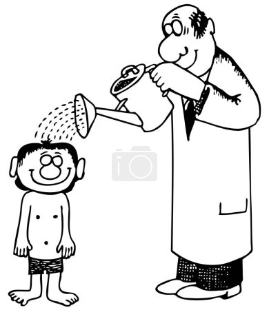 Illustration for A cartoon illustration of a doctor watering a small boy - Royalty Free Image
