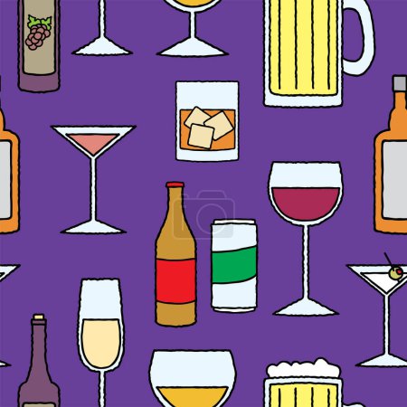 Téléchargez les illustrations : Motif vectoriel sans couture avec bouteilles de vin, verres, vin, cocktails, raisins et cocktails - en licence libre de droit
