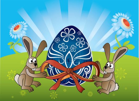 Ilustración de Huevo de Pascua y conejos, ilustración vectorial - Imagen libre de derechos