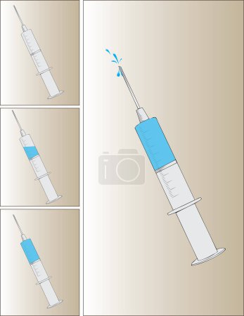 Ilustración de Jeringa de plástico para inyección con versiones de su contenido. Ilustración vectorial. - Imagen libre de derechos