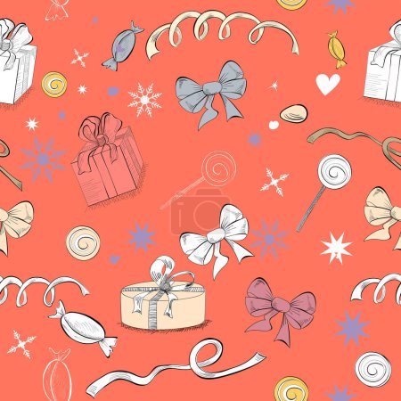 Téléchargez les illustrations : Motif décoratif sans couture avec des cadeaux et des bonbons - en licence libre de droit