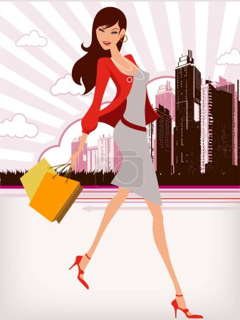 Téléchargez les illustrations : Belle fille de mode avec des sacs sur la ville - en licence libre de droit