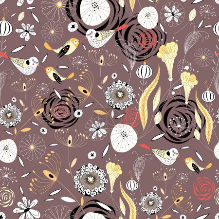 Illustration for Seamless pattern, flowers, birds and leaves, background - Royalty Free Image