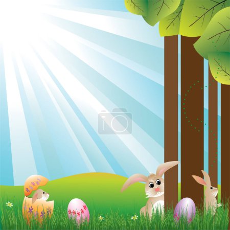Téléchargez les illustrations : Oeufs de Pâques avec des lapins dans le dessin d'illustration de l'herbe - en licence libre de droit