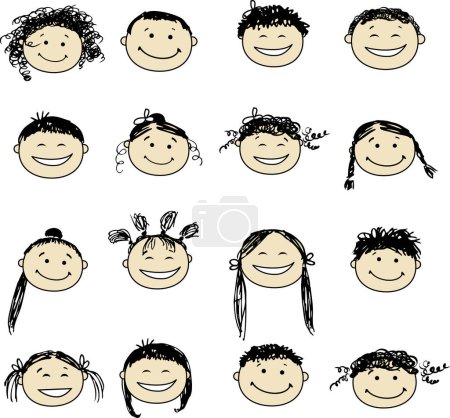 Téléchargez les illustrations : Ensemble de visages souriants sur fond blanc - en licence libre de droit
