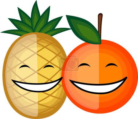 Ilustración de Naranja fruta y ananas fruta sonriente personaje de dibujos animados - Imagen libre de derechos
