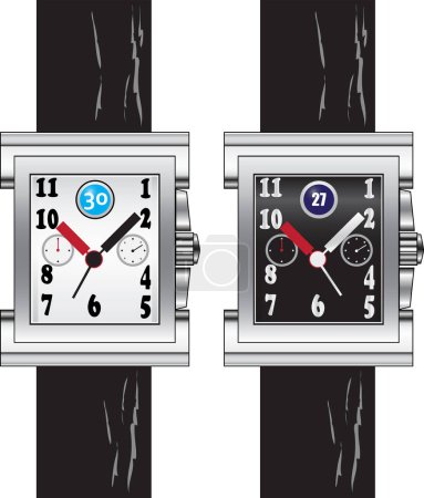 Illustration for Modern watch on your wrist with a rectangular dial on black leather strap. Vector illustration. - Royalty Free Image
