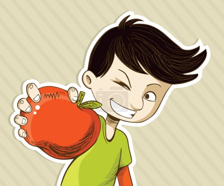 Ilustración de Niño de dibujos animados sosteniendo una manzana - Imagen libre de derechos