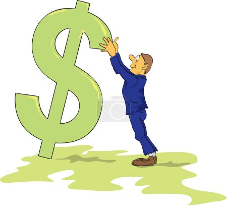 Illustration for Drawing of a man who is trying to prop up the falling dollar sign. - Royalty Free Image