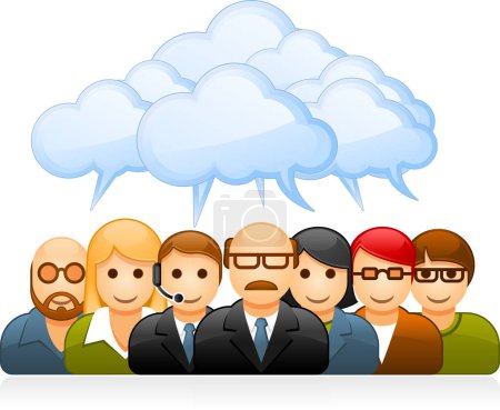 Ilustración de Ilustración de un grupo de empresarios con diferentes nubes sobre un fondo blanco. concepto de comunicación - Imagen libre de derechos