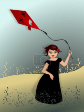 Téléchargez les illustrations : Illustration de fille mignonne tenant cerf-volant rouge - en licence libre de droit