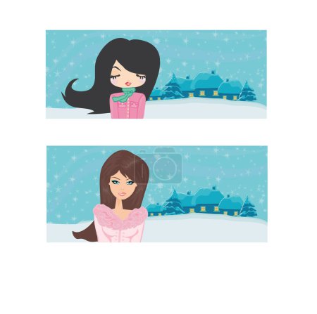 Téléchargez les illustrations : Illustration de deux jolies filles en hiver - en licence libre de droit