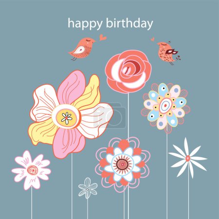 Ilustración de Tarjeta de feliz cumpleaños con flores - Imagen libre de derechos